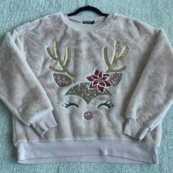 Soft sweatshirt with sequined reindeer face in  blush pink - Picture 9 of 9